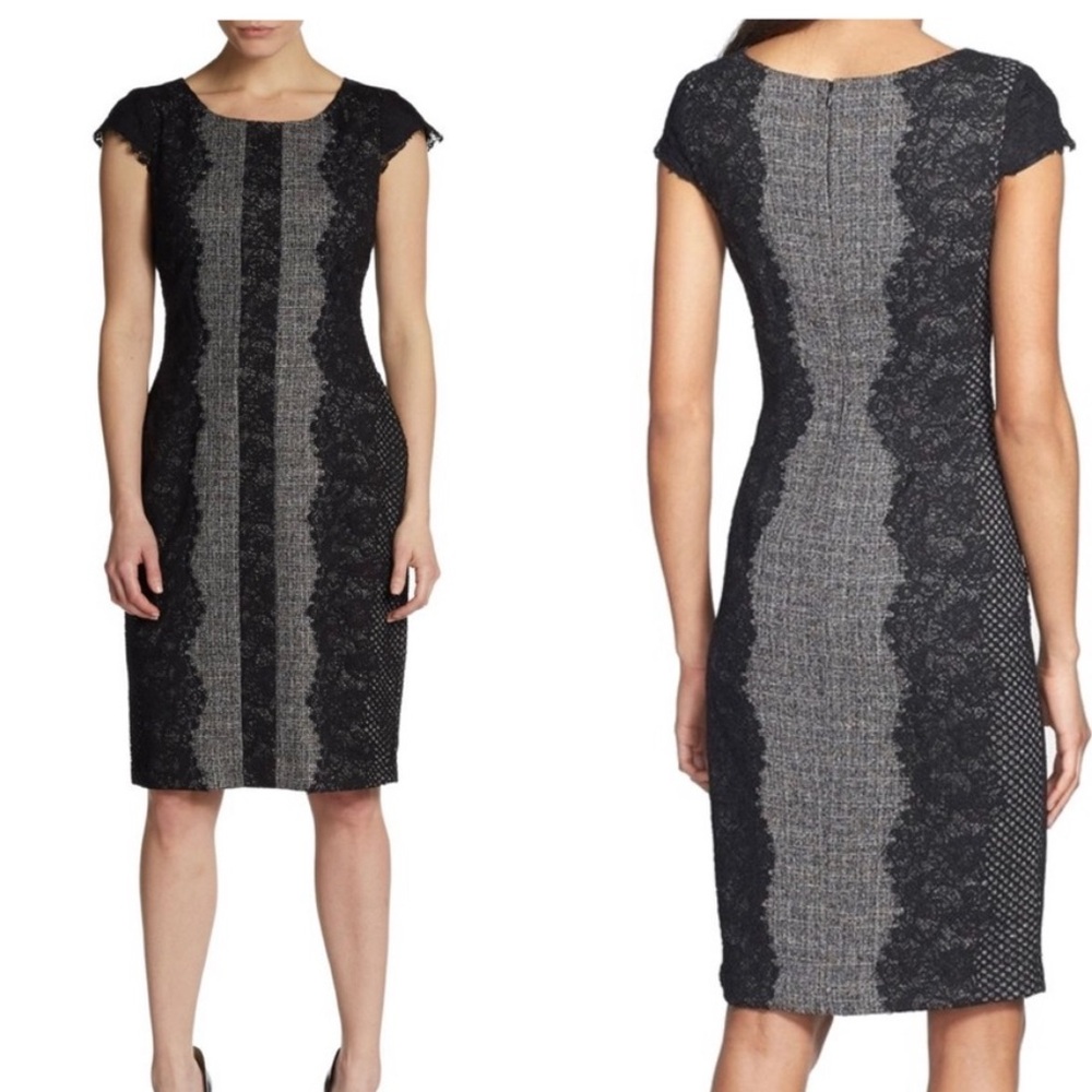 Betsey Johnson Black and Gray Lace-Panel Sheath Dress